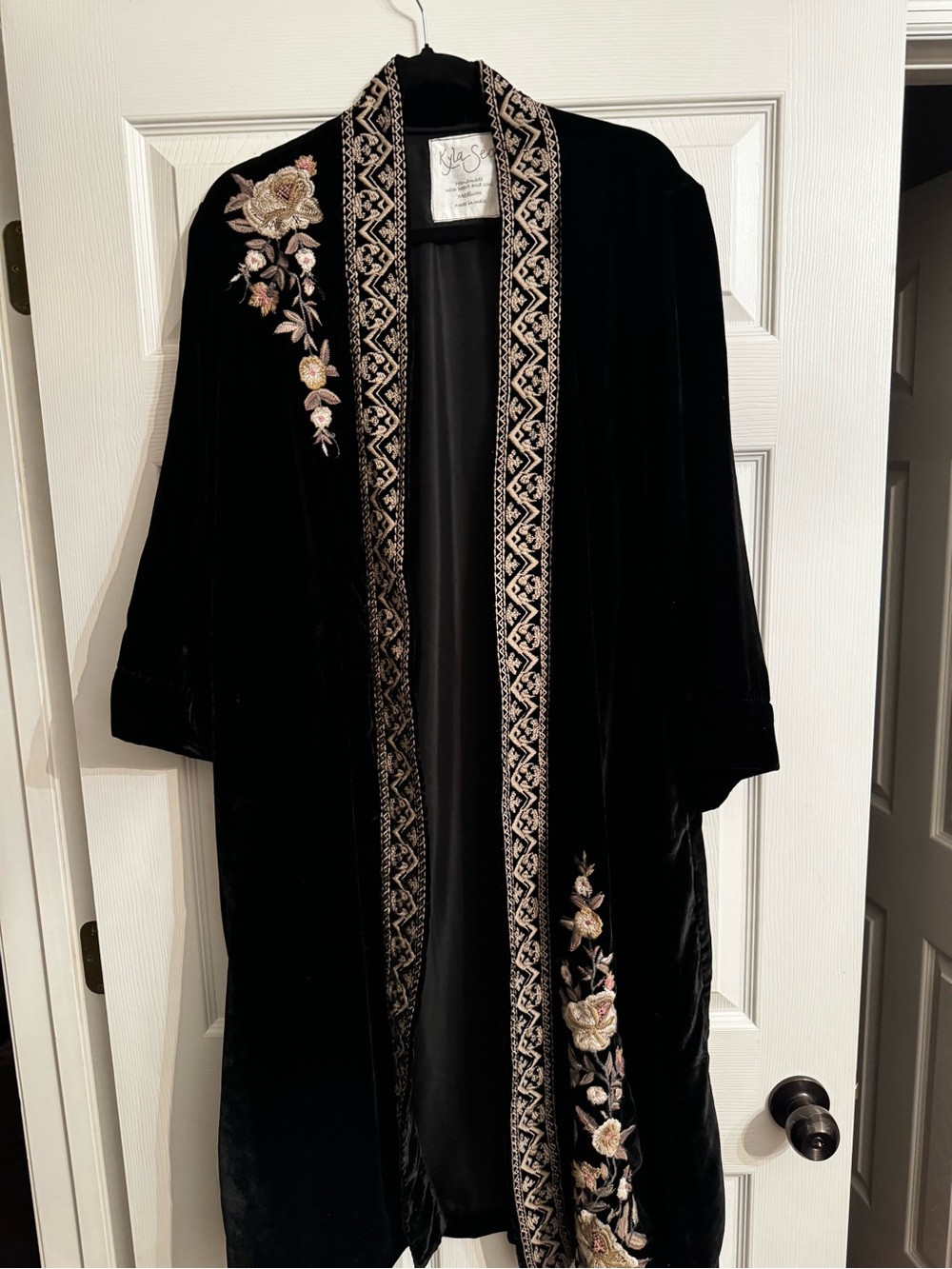 Black Velvet Kimono with Beige embroidered accents!